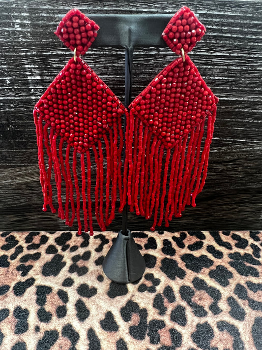 Beaded Rhombus Tassel Earrings, Red