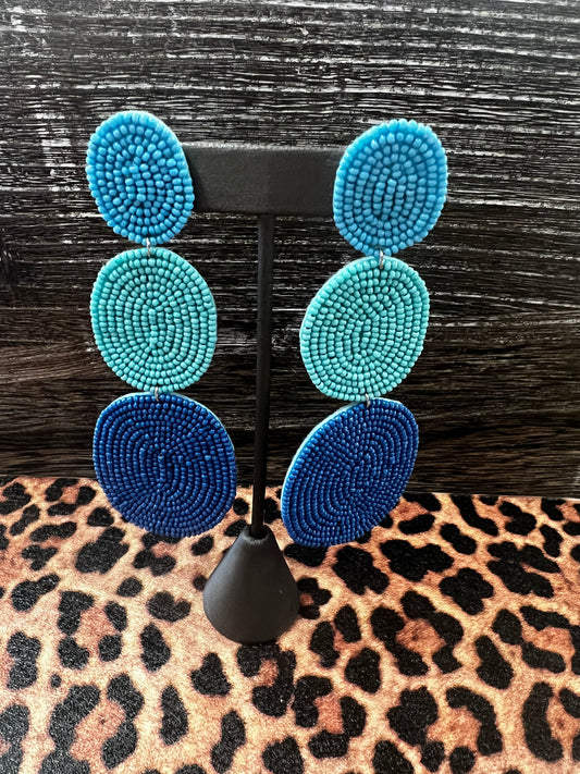 3 Color Bead Oval Earrings, Blue